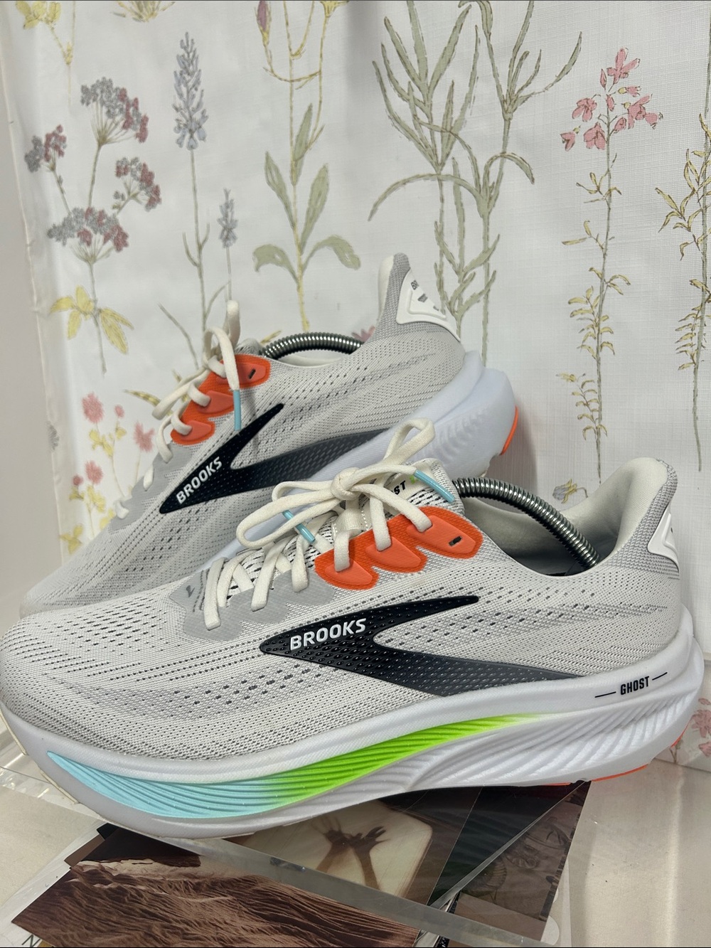 Brooks Men’s Ghost Running Shoes - White with Orange and Neon Accents